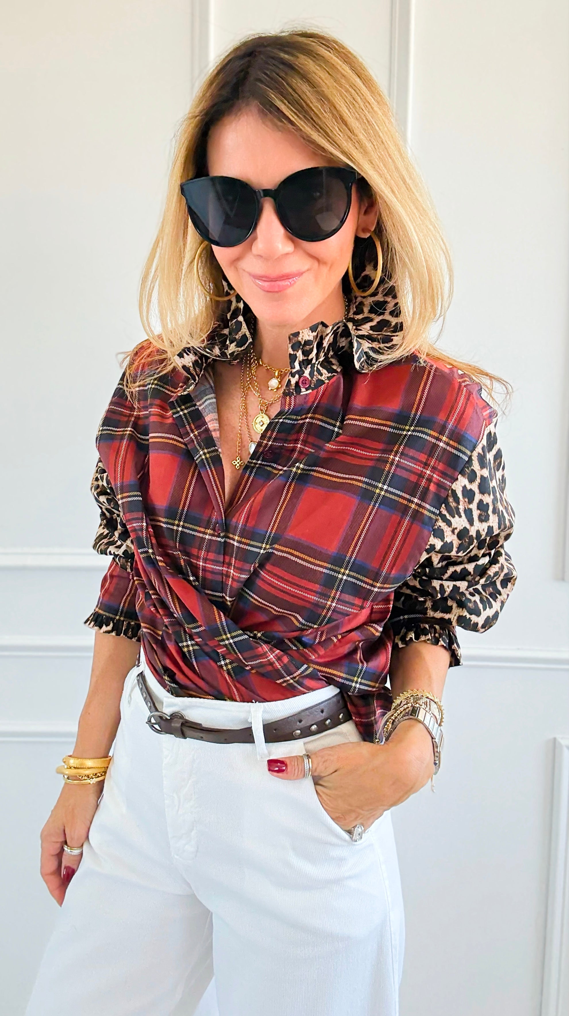 Rebel Ruffled Plaid & Leopard Italian Shirt-110 Long Sleeve Tops-TATTOO Z-Coastal Bloom Boutique, find the trendiest versions of the popular styles and looks Located in Indialantic, FL