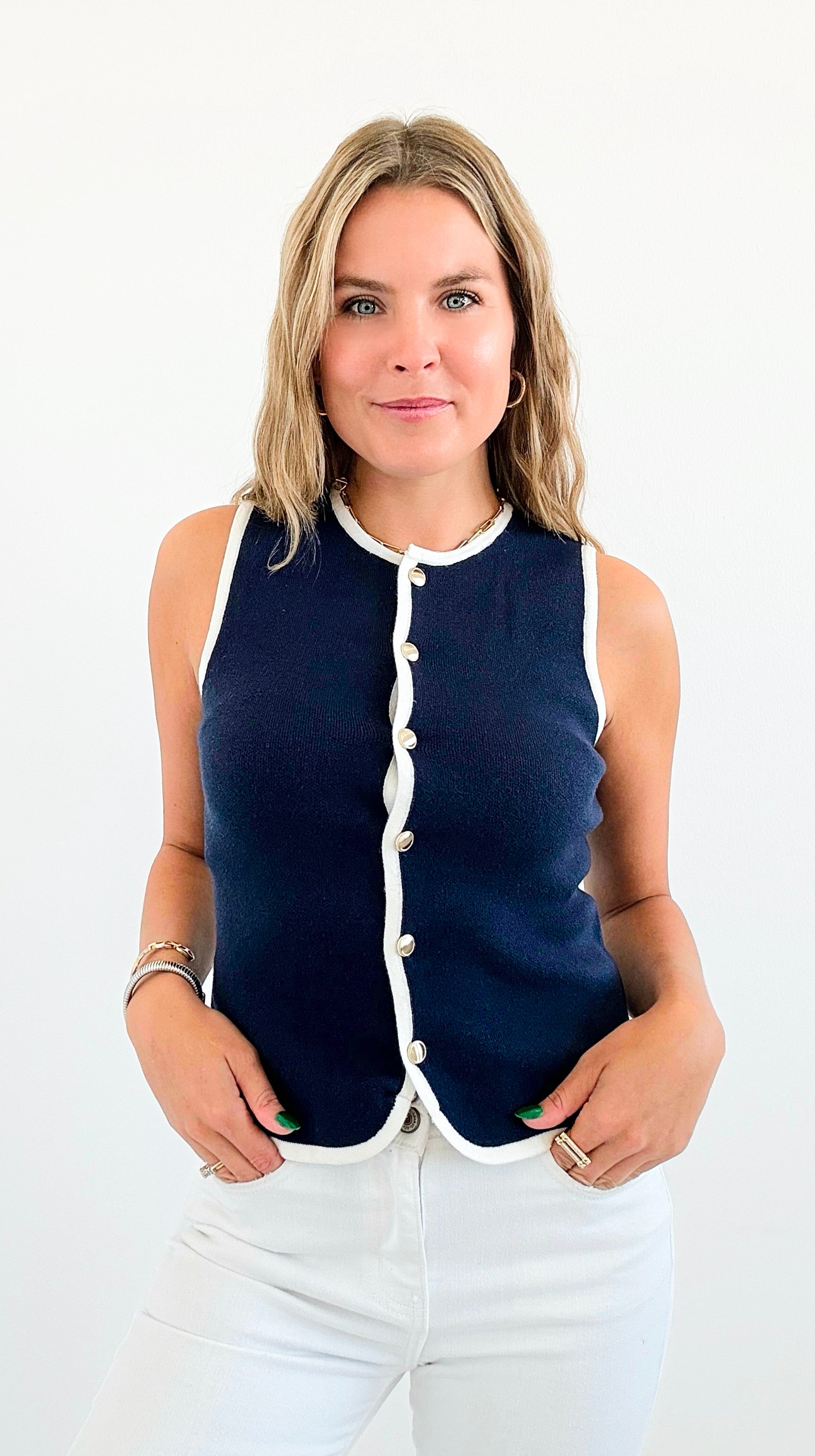 Contrast Trim Sweater Vest-100 Sleeveless Tops-Blu Pepper-Coastal Bloom Boutique, find the trendiest versions of the popular styles and looks Located in Indialantic, FL