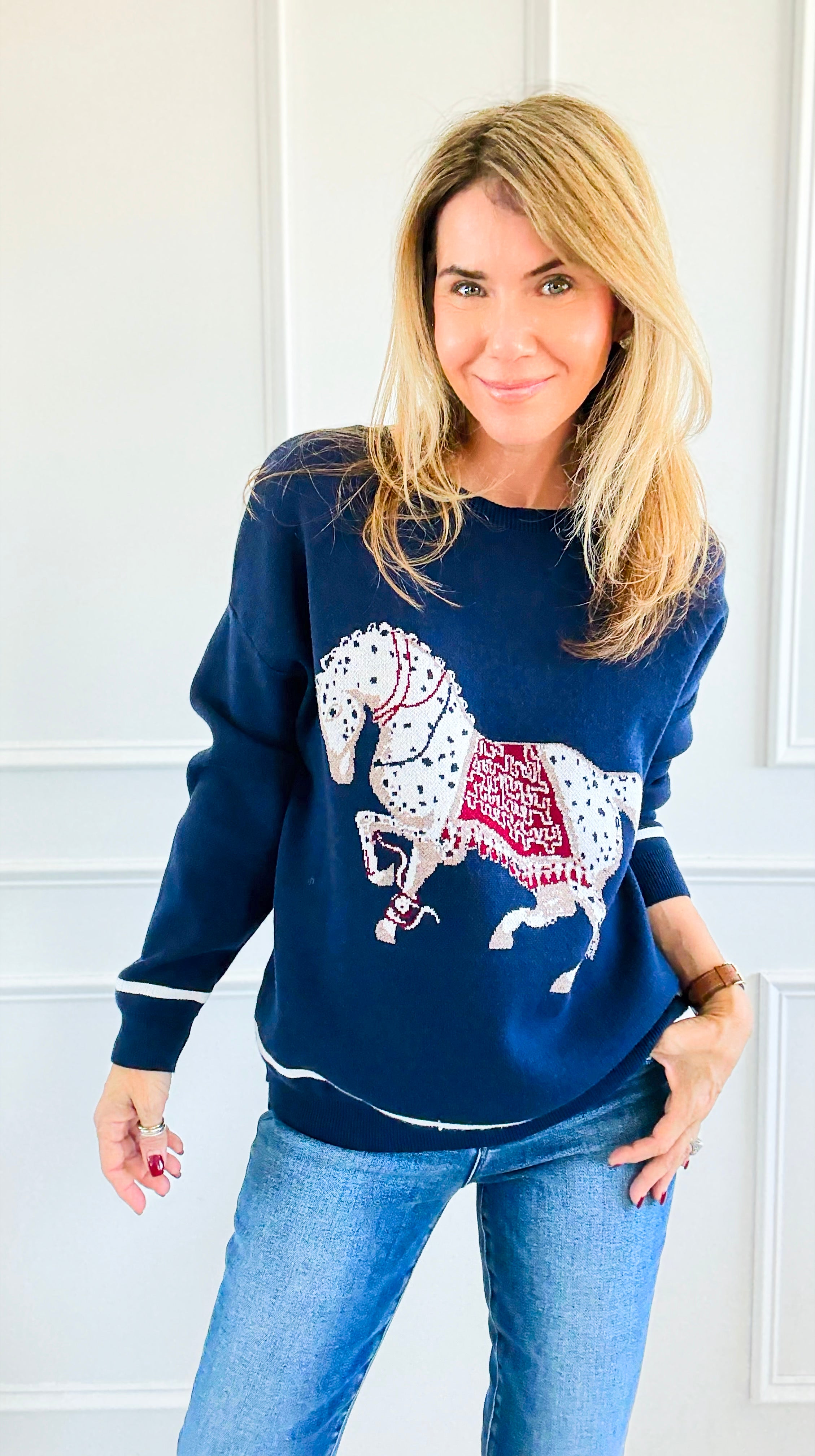 Equestrian Parade Italian Sweater- Navy-140 Sweaters-K2-Coastal Bloom Boutique, find the trendiest versions of the popular styles and looks Located in Indialantic, FL