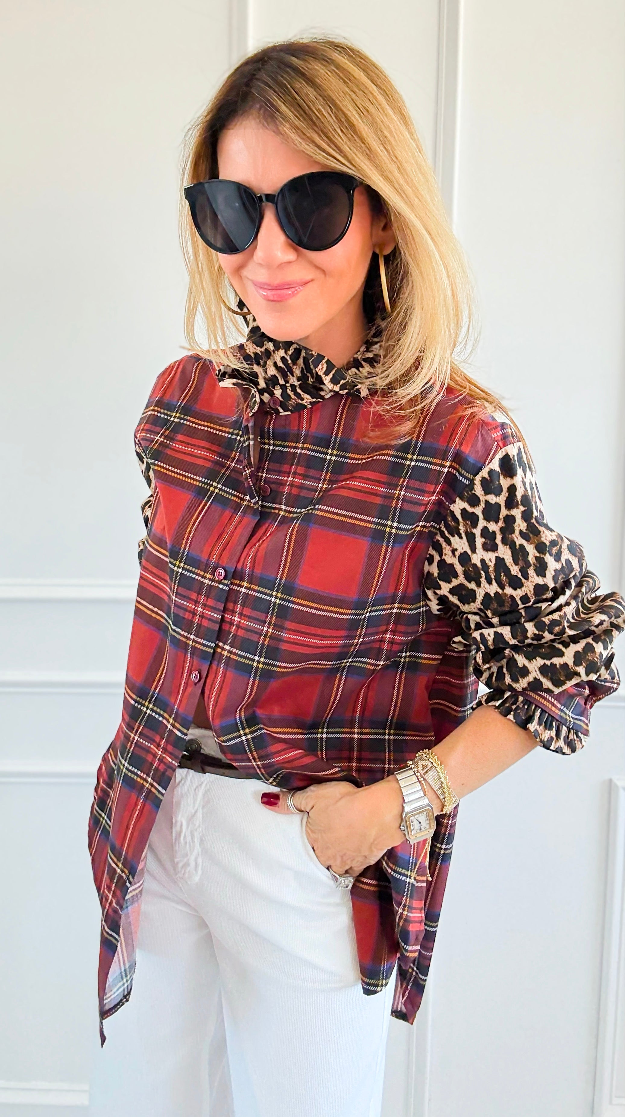 Rebel Ruffled Plaid & Leopard Italian Shirt-110 Long Sleeve Tops-TATTOO Z-Coastal Bloom Boutique, find the trendiest versions of the popular styles and looks Located in Indialantic, FL