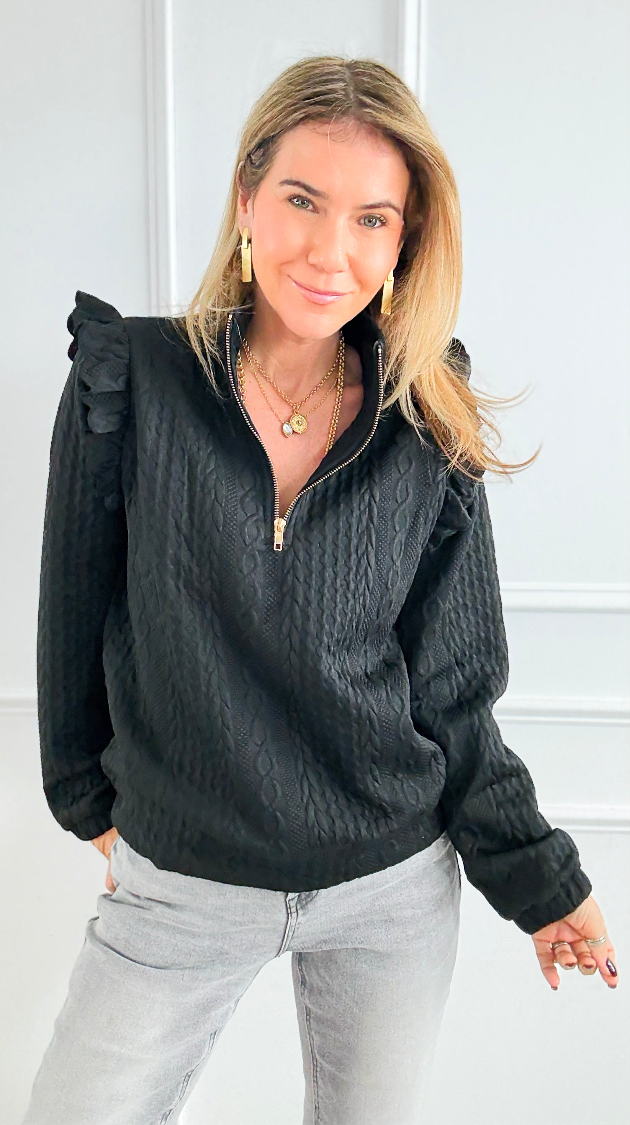 Cable Ruffle Half-Zip Knit Top - Black-130 Long Sleeve Tops-Umgee-Coastal Bloom Boutique, find the trendiest versions of the popular styles and looks Located in Indialantic, FL