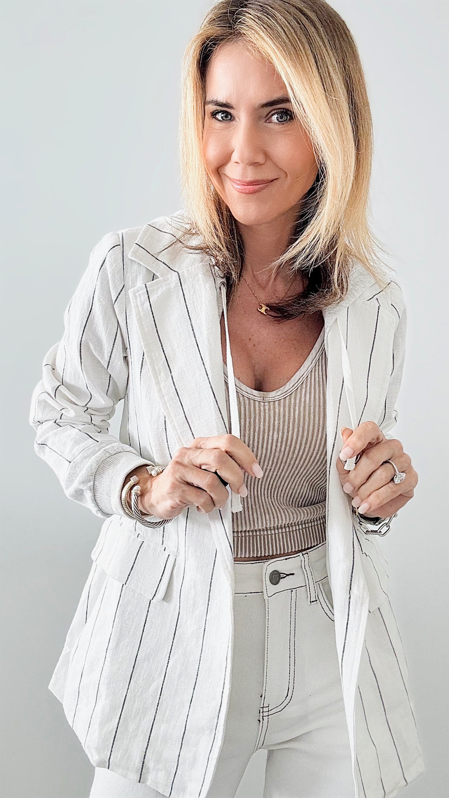 Pinstripe Linen Hooded Jacket-160 Jackets-Fate By LFD-Coastal Bloom Boutique, find the trendiest versions of the popular styles and looks Located in Indialantic, FL