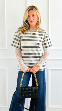 Stripe Contrast Lace Sleeve Italian Top-110 Long Sleeve Tops-Mitica & Co-Coastal Bloom Boutique, find the trendiest versions of the popular styles and looks Located in Indialantic, FL
