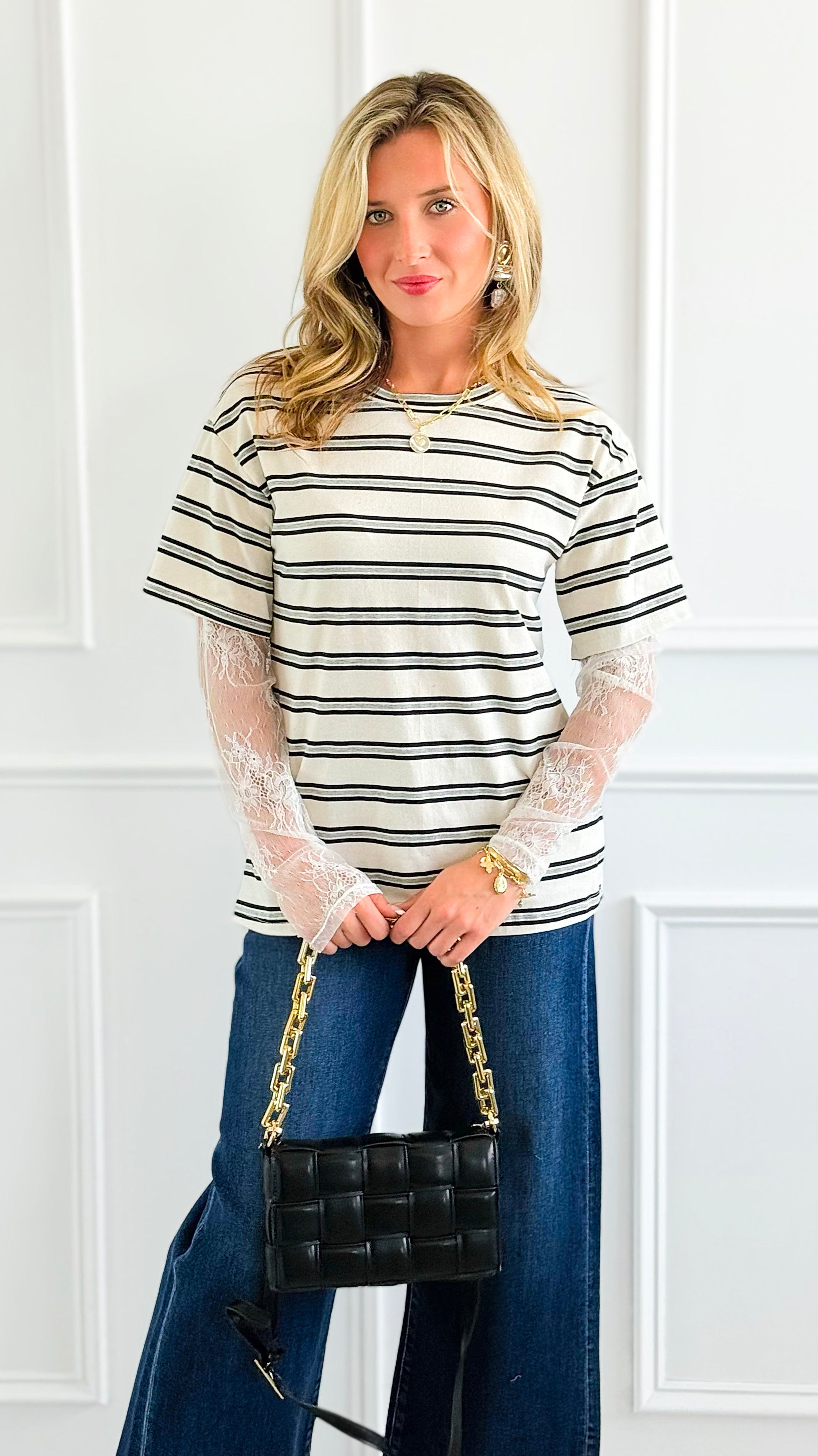 Stripe Contrast Lace Sleeve Italian Top-110 Long Sleeve Tops-Mitica & Co-Coastal Bloom Boutique, find the trendiest versions of the popular styles and looks Located in Indialantic, FL