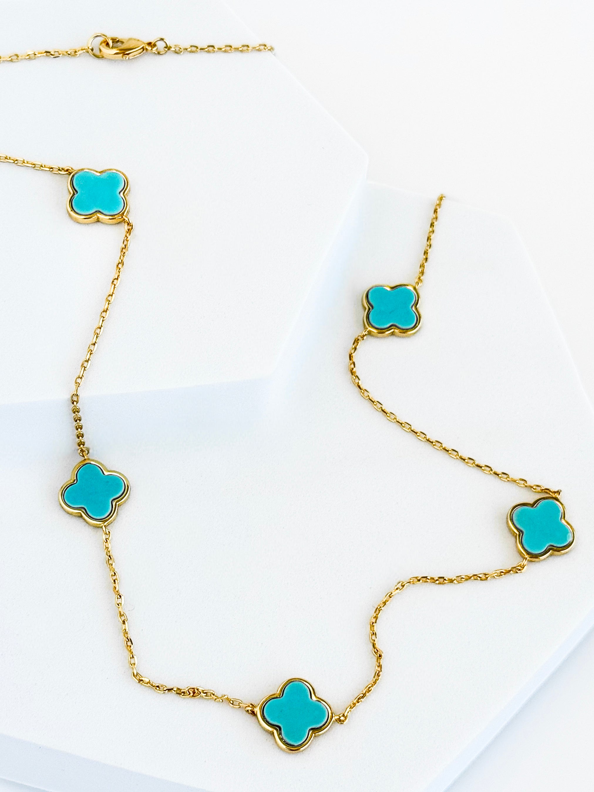 Long Quatrefoil Link Necklace - Turquoise-230 Jewelry-NYW-Coastal Bloom Boutique, find the trendiest versions of the popular styles and looks Located in Indialantic, FL