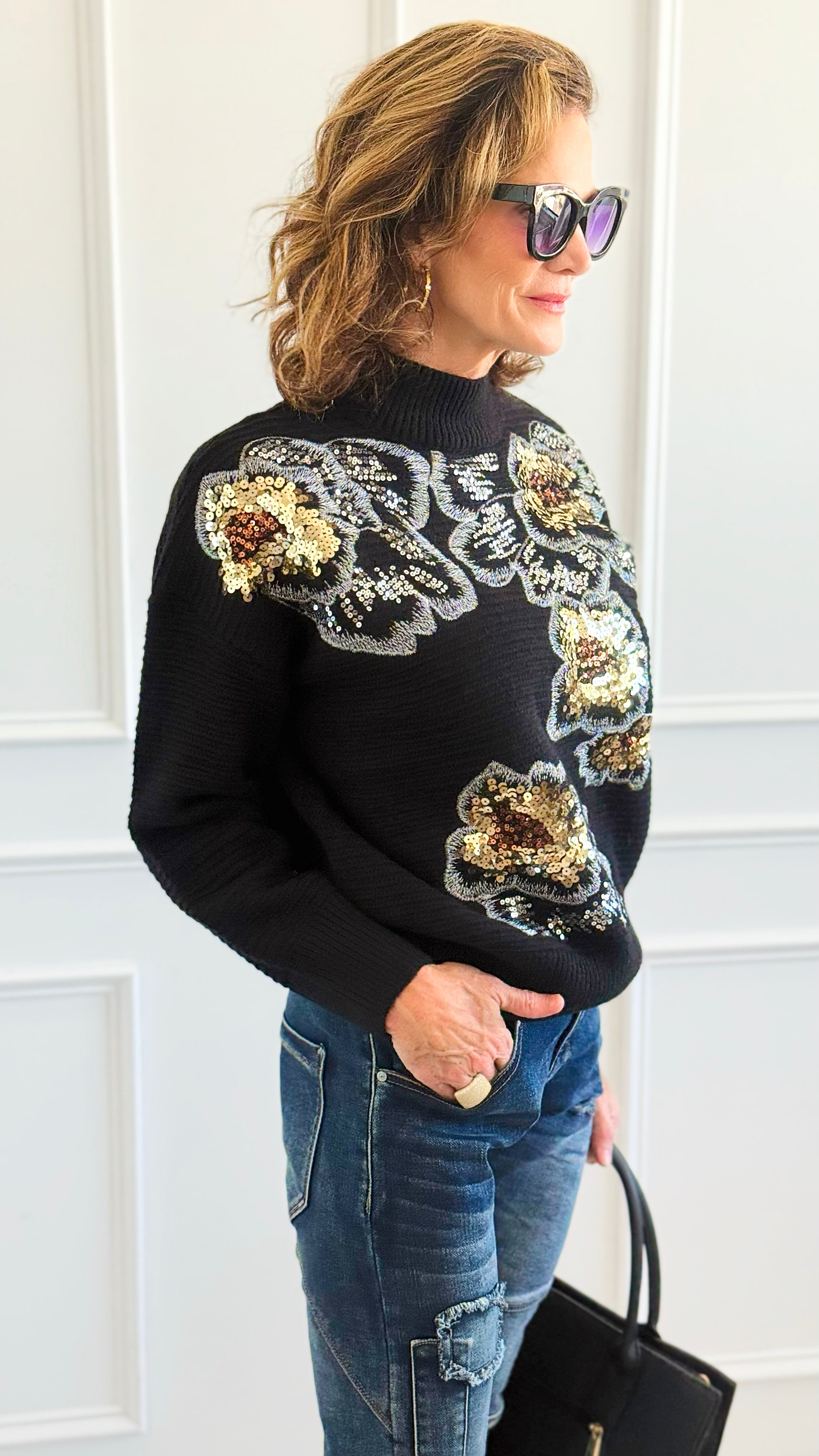 Sequin Blossom Italian Knit Sweater- Black-140 Sweaters-AZUL MONACO-Coastal Bloom Boutique, find the trendiest versions of the popular styles and looks Located in Indialantic, FL