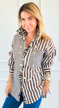 Stripe & Leopard Trim Italian Woven Blouse-110 Long Sleeve Tops-AMIRA-Coastal Bloom Boutique, find the trendiest versions of the popular styles and looks Located in Indialantic, FL