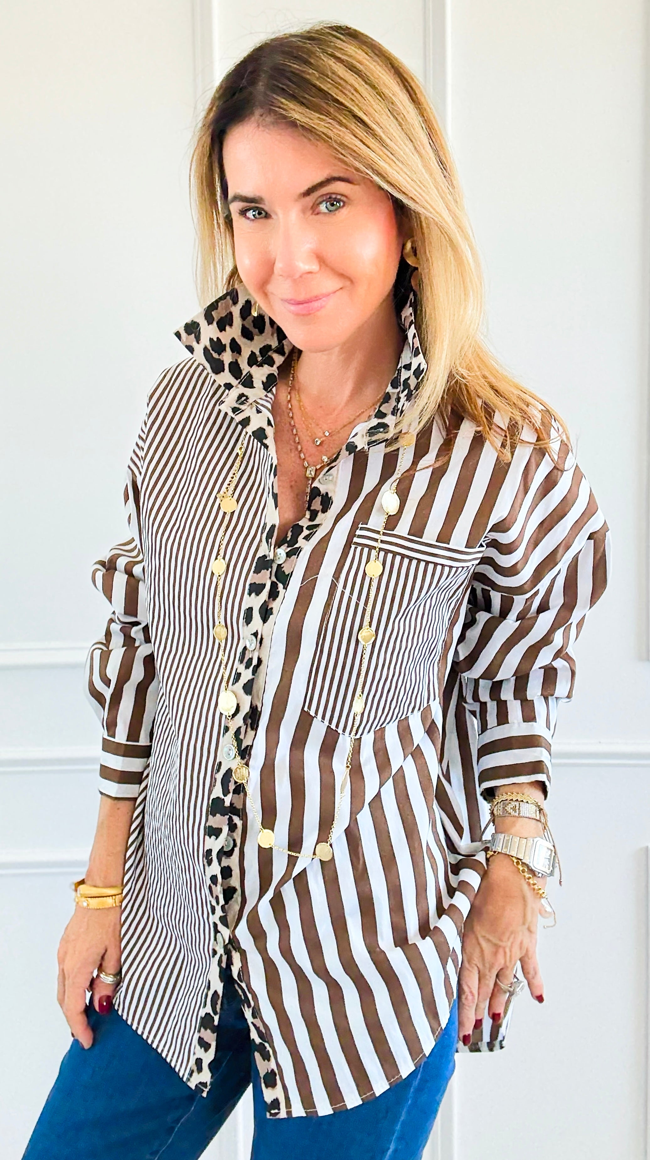 Stripe & Leopard Trim Italian Woven Blouse-110 Long Sleeve Tops-AMIRA-Coastal Bloom Boutique, find the trendiest versions of the popular styles and looks Located in Indialantic, FL