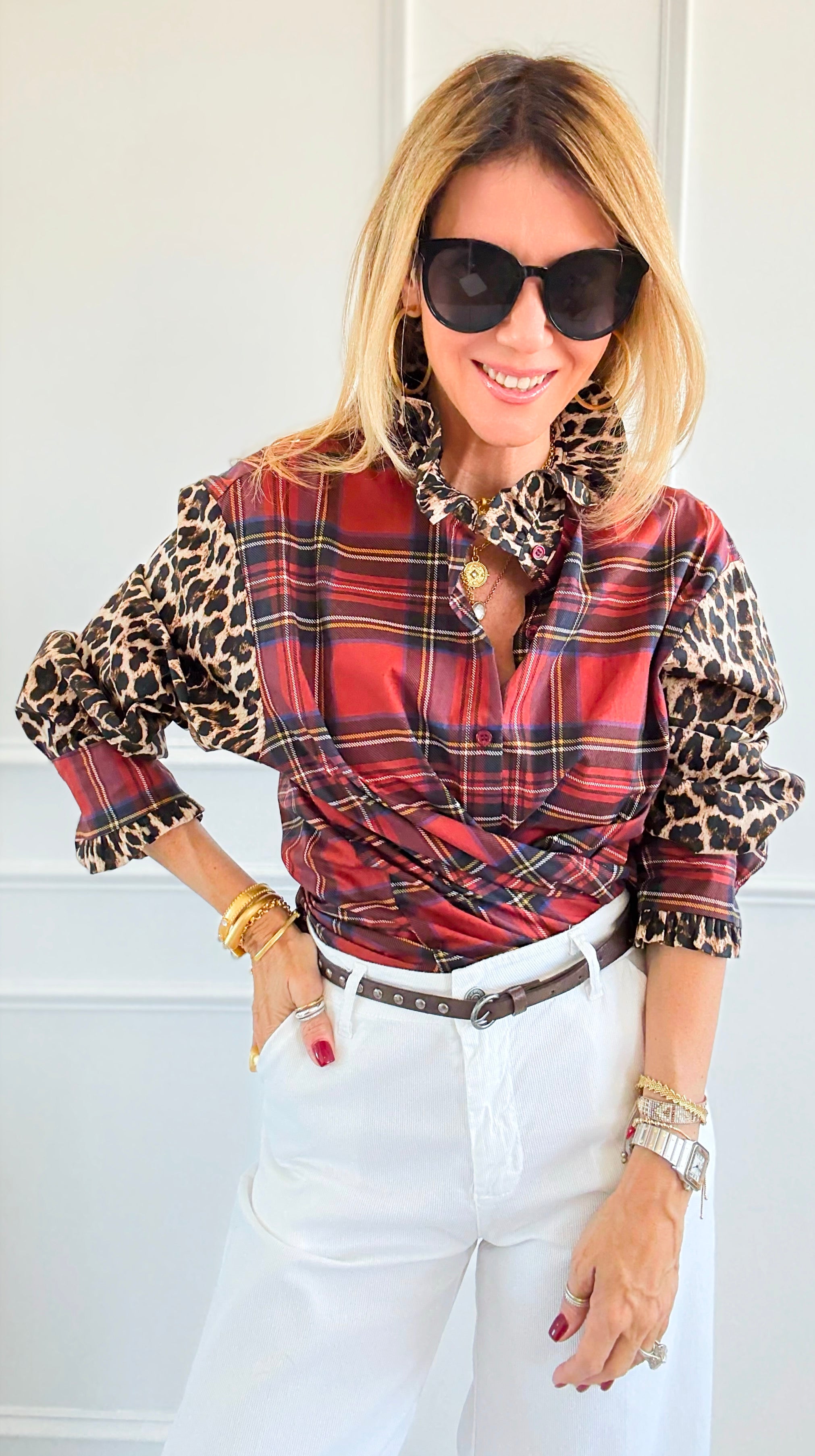 Rebel Ruffled Plaid & Leopard Italian Shirt-110 Long Sleeve Tops-TATTOO Z-Coastal Bloom Boutique, find the trendiest versions of the popular styles and looks Located in Indialantic, FL