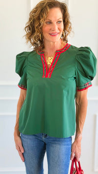 Chic Holiday Plaid Trim Blouse - Green-110 Short Sleeve Tops-entro-Coastal Bloom Boutique, find the trendiest versions of the popular styles and looks Located in Indialantic, FL