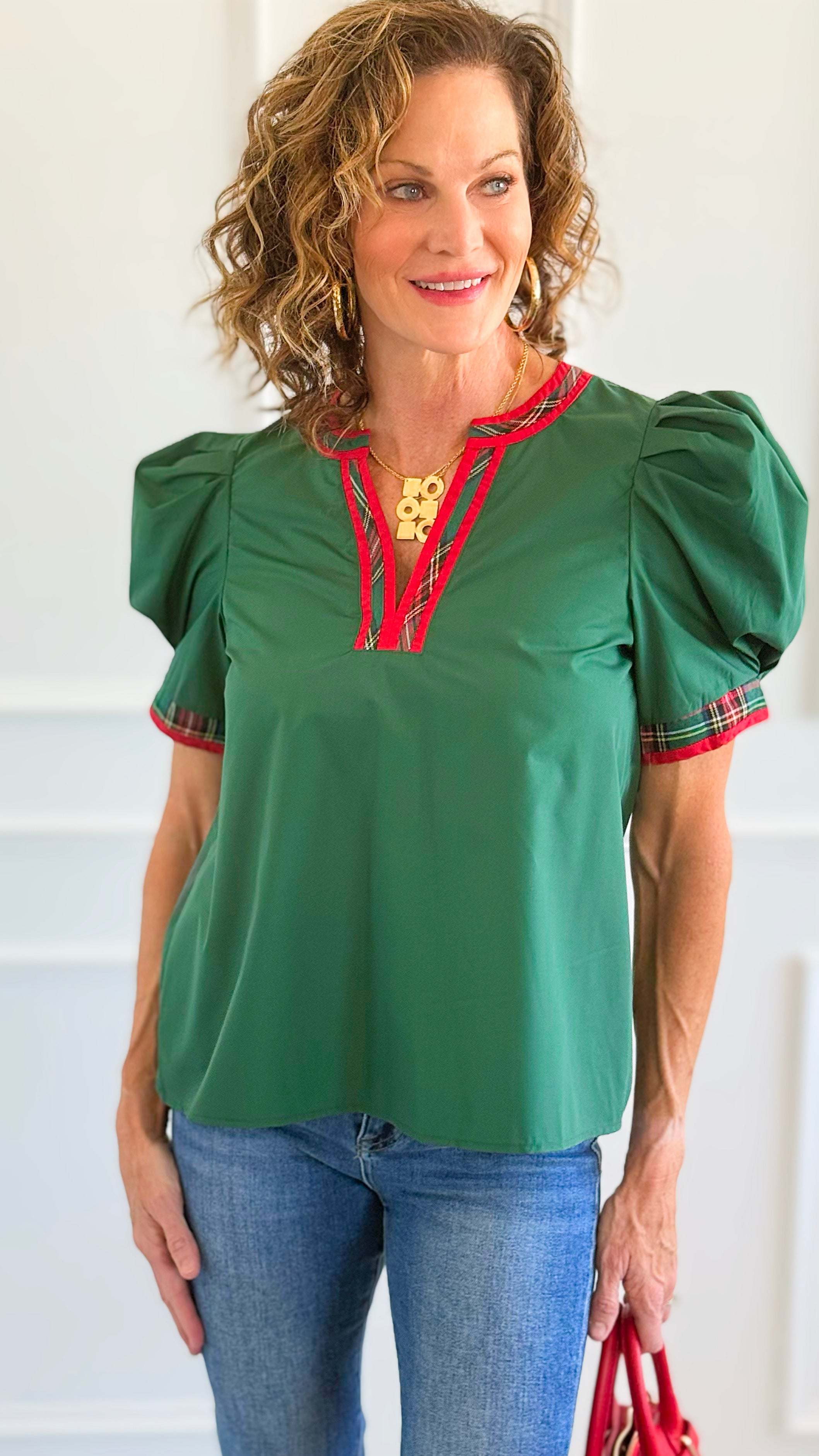 Chic Holiday Plaid Trim Blouse - Green-110 Short Sleeve Tops-entro-Coastal Bloom Boutique, find the trendiest versions of the popular styles and looks Located in Indialantic, FL