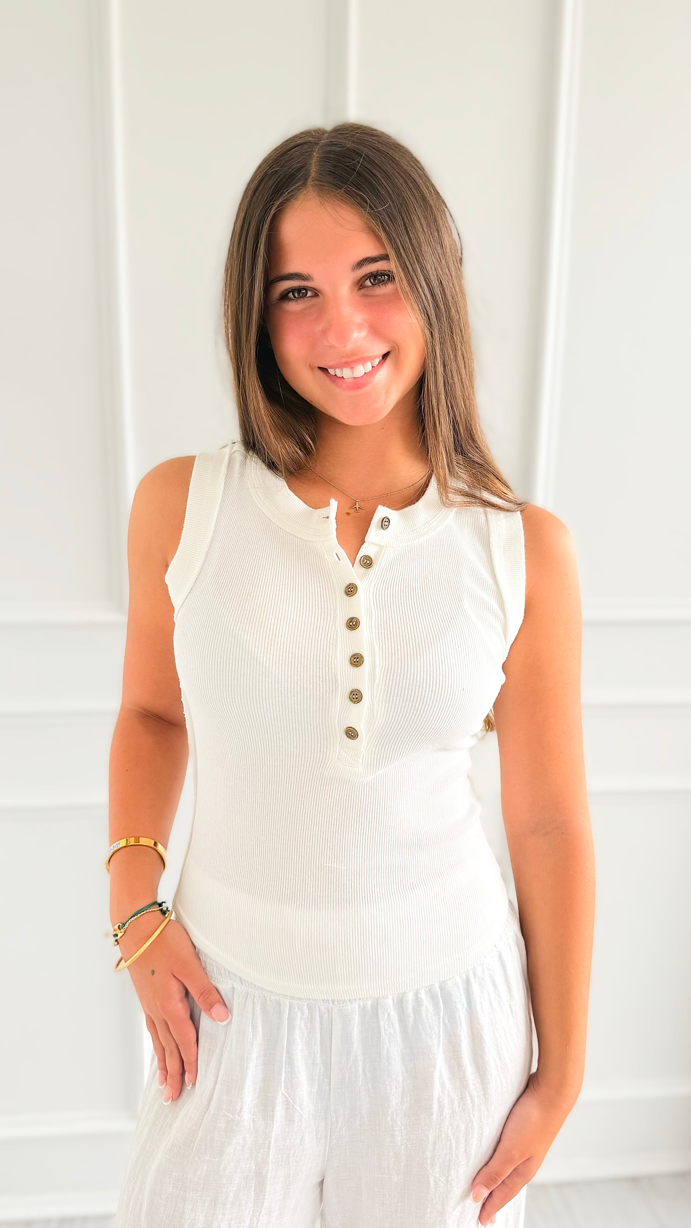 Sunday Stroll Button Tank Top - White-100 Sleeveless Tops-Blu Pepper-Coastal Bloom Boutique, find the trendiest versions of the popular styles and looks Located in Indialantic, FL