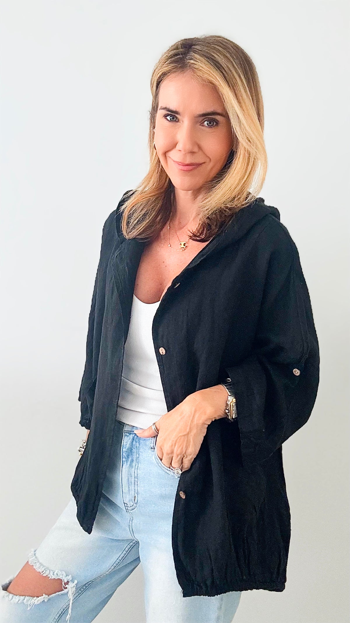Sundown Hooded Italian Jacket - Black-160 Jackets-Germany-Coastal Bloom Boutique, find the trendiest versions of the popular styles and looks Located in Indialantic, FL