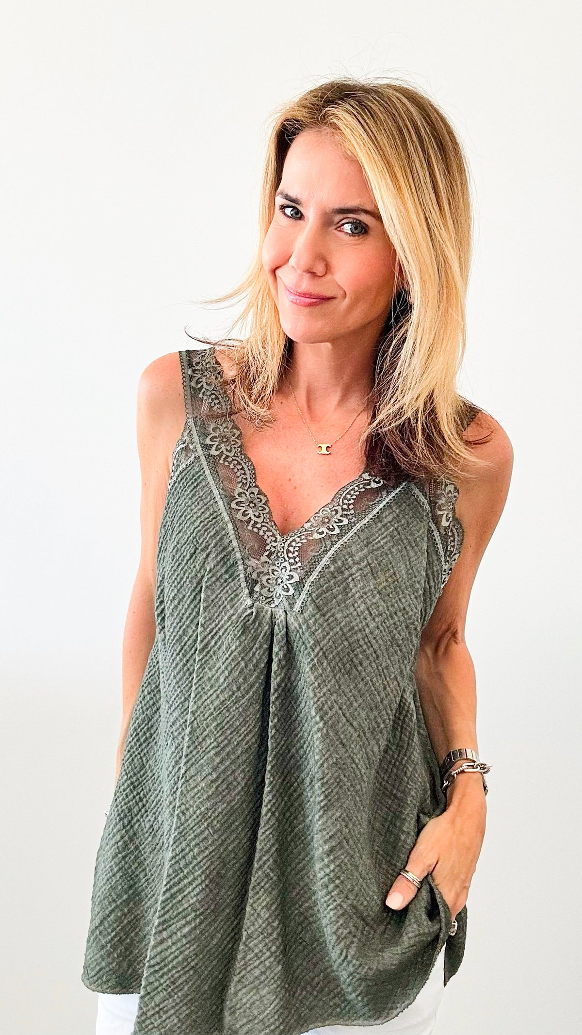 Elegant Italian Lace & Crinkle Top - Army Green-100 Sleeveless Tops-Germany-Coastal Bloom Boutique, find the trendiest versions of the popular styles and looks Located in Indialantic, FL