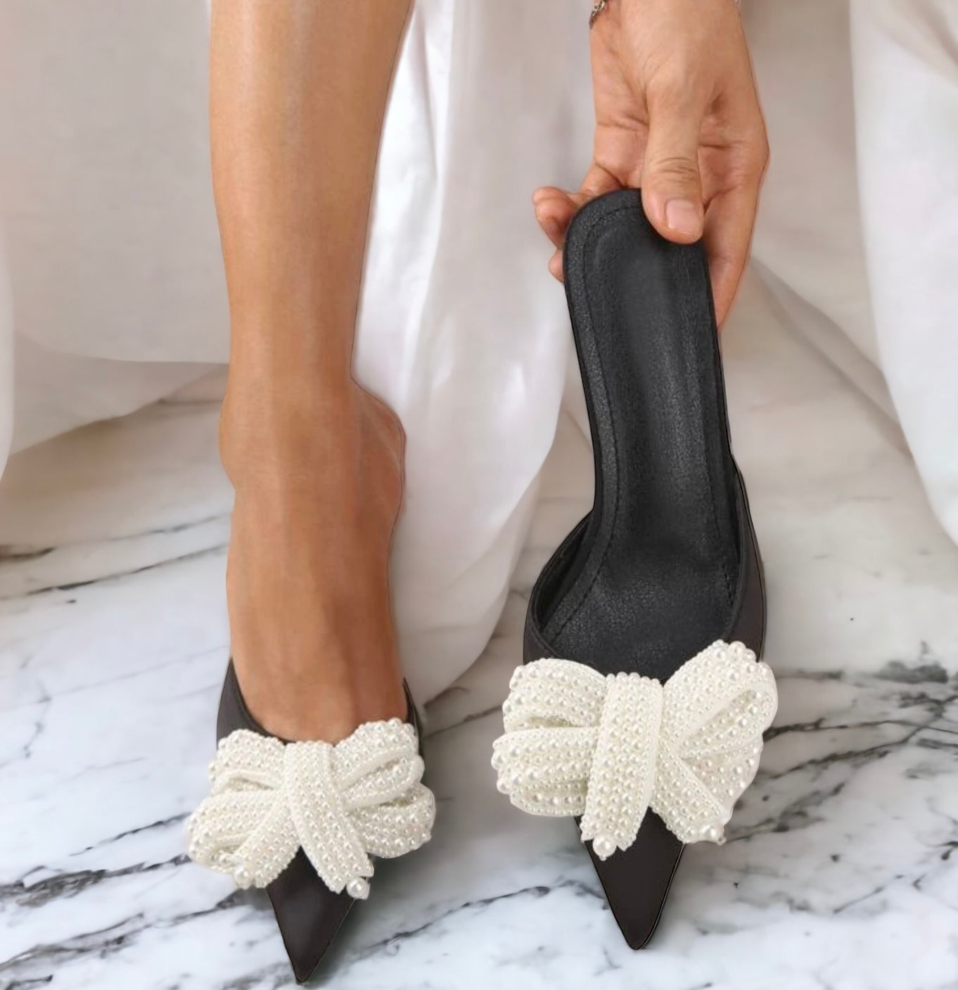 Pearl Contrast Bow Mules - Black-250 Shoes-Darling-Coastal Bloom Boutique, find the trendiest versions of the popular styles and looks Located in Indialantic, FL