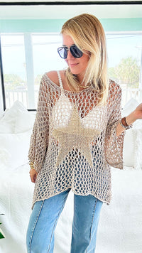 Metallic Star Italian Chain Sweater - Taupe-140 Sweaters-Italianissimo/TOSCANA-Coastal Bloom Boutique, find the trendiest versions of the popular styles and looks Located in Indialantic, FL