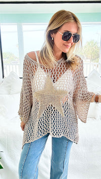 Metallic Star Italian Chain Sweater - Taupe-140 Sweaters-Italianissimo/TOSCANA-Coastal Bloom Boutique, find the trendiest versions of the popular styles and looks Located in Indialantic, FL