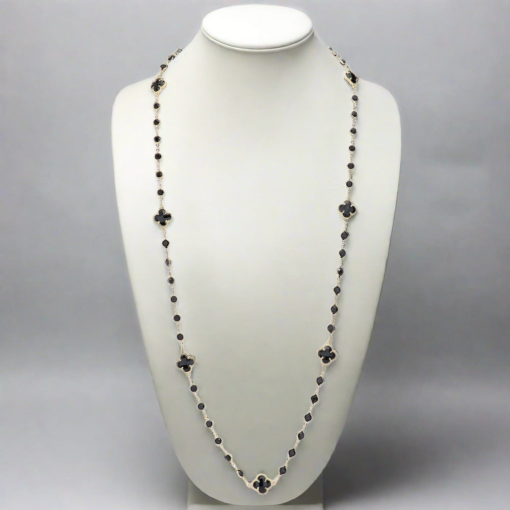 Quatrefoil Station Long Necklace - Black-230 Jewelry-Wona Trading-Coastal Bloom Boutique, find the trendiest versions of the popular styles and looks Located in Indialantic, FL