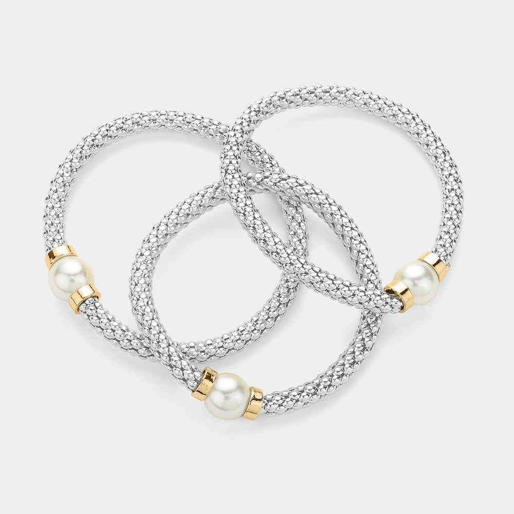 Multi-Layered Pearl Mesh Bracelets - Silver-230 Jewelry-Wona Trading-Coastal Bloom Boutique, find the trendiest versions of the popular styles and looks Located in Indialantic, FL