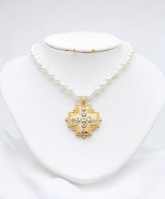 CZ Cross Pendant & Pearl Necklace-230 Jewelry-Golden Stella-Coastal Bloom Boutique, find the trendiest versions of the popular styles and looks Located in Indialantic, FL