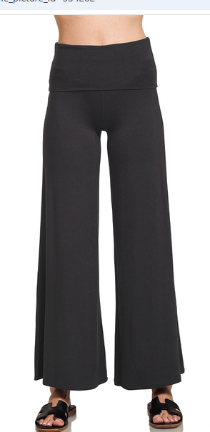 Fold Over Waist Comfy Palazzo Pants-Black-100 Pants-Zenana-Coastal Bloom Boutique, find the trendiest versions of the popular styles and looks Located in Indialantic, FL