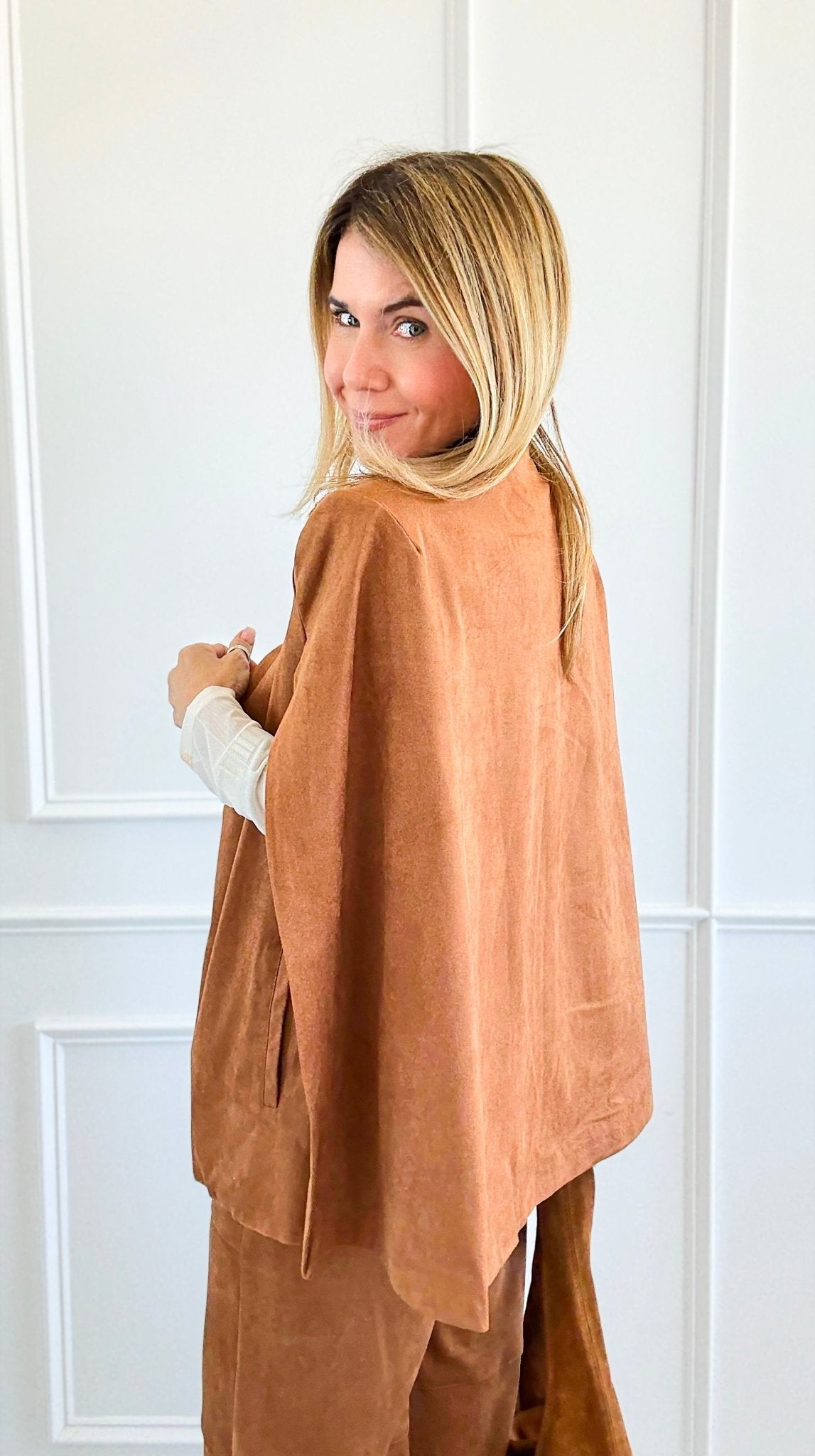 Faux Suede Scalloped Edge Belted Cape Blazer-160 Jackets-Flying Tomato-Coastal Bloom Boutique, find the trendiest versions of the popular styles and looks Located in Indialantic, FL