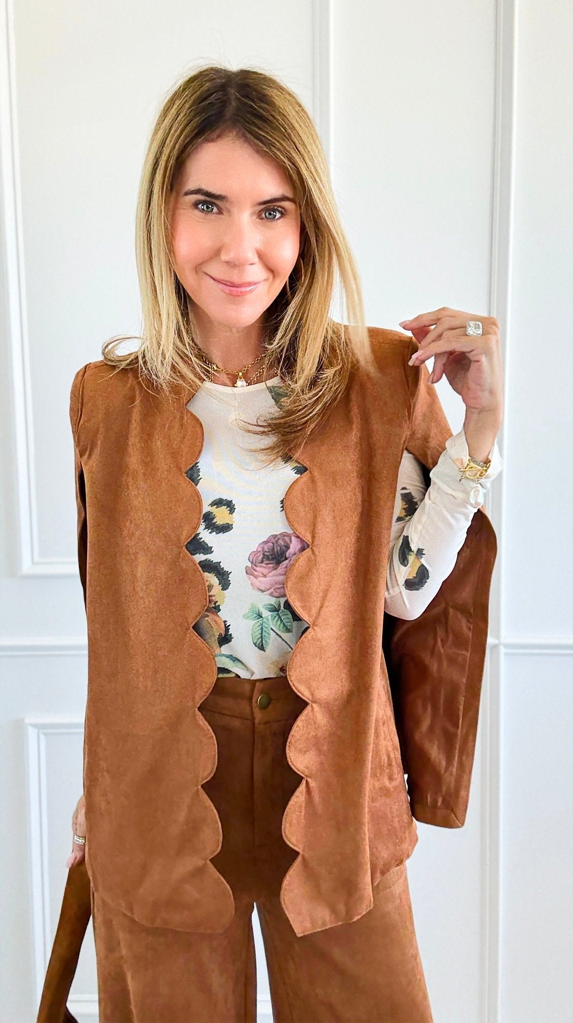 Faux Suede Scalloped Edge Belted Cape Blazer-160 Jackets-Flying Tomato-Coastal Bloom Boutique, find the trendiest versions of the popular styles and looks Located in Indialantic, FL