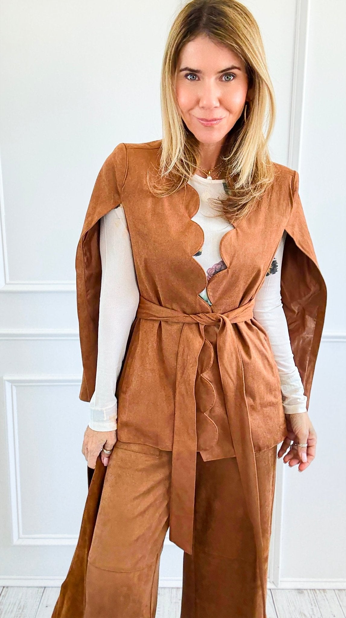 Faux Suede Scalloped Edge Belted Cape Blazer-160 Jackets-Flying Tomato-Coastal Bloom Boutique, find the trendiest versions of the popular styles and looks Located in Indialantic, FL