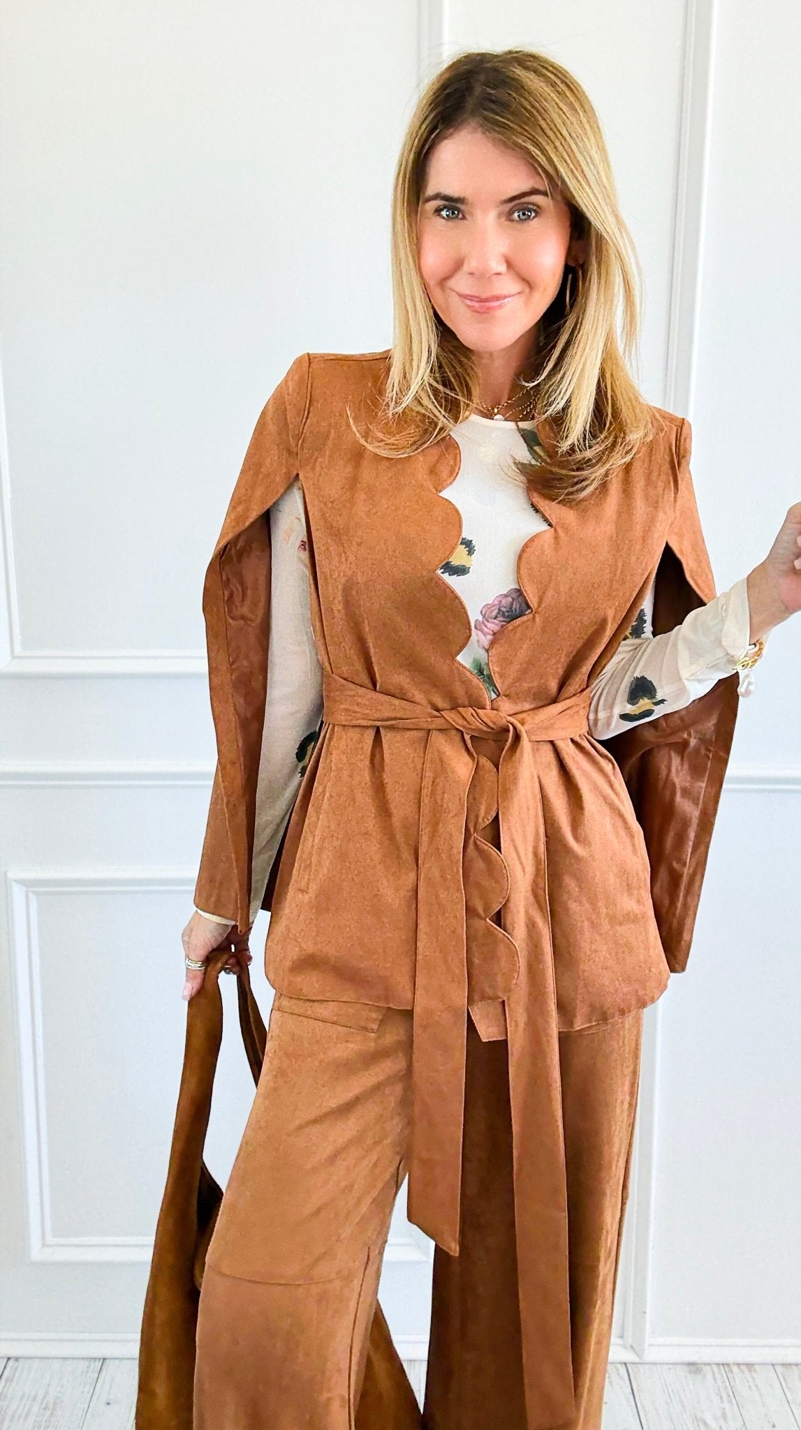 Faux Suede Scalloped Edge Belted Cape Blazer-160 Jackets-Flying Tomato-Coastal Bloom Boutique, find the trendiest versions of the popular styles and looks Located in Indialantic, FL