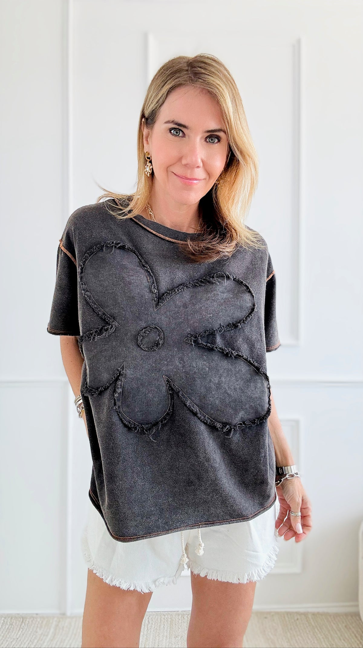 Denim Flower Italian Pullover - Charcoal-110 Short Sleeve Tops-Italianissimo-Coastal Bloom Boutique, find the trendiest versions of the popular styles and looks Located in Indialantic, FL