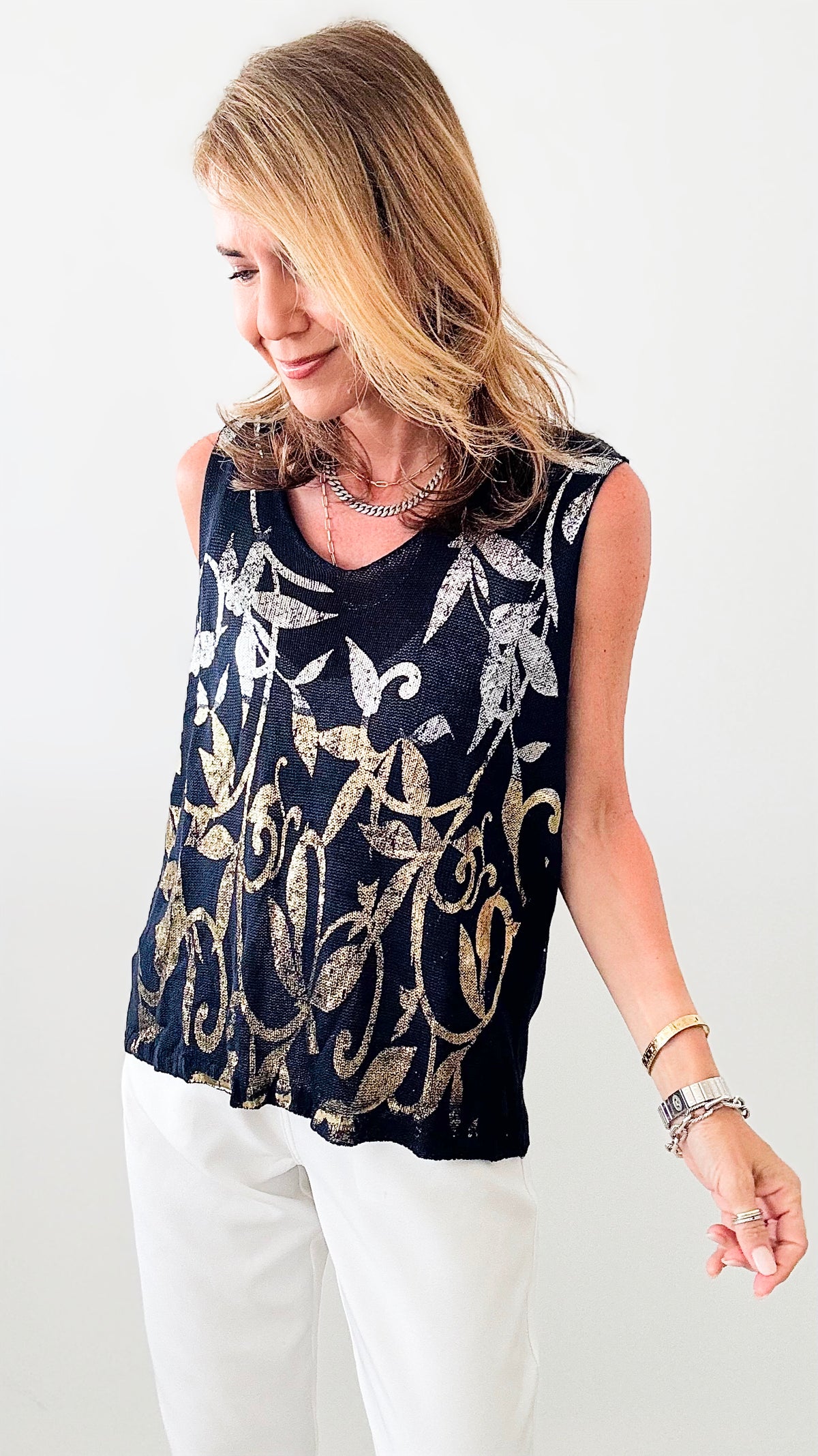 Metallic Duo Italian Knit Sleeveless Top - Navy-100 Sleeveless Tops-Look Mode-Coastal Bloom Boutique, find the trendiest versions of the popular styles and looks Located in Indialantic, FL