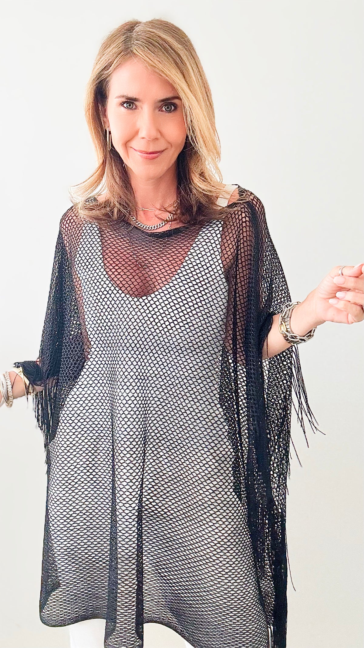 Metallic Tassel Cover Up Poncho - Black-Wona Trading-Coastal Bloom Boutique, find the trendiest versions of the popular styles and looks Located in Indialantic, FL