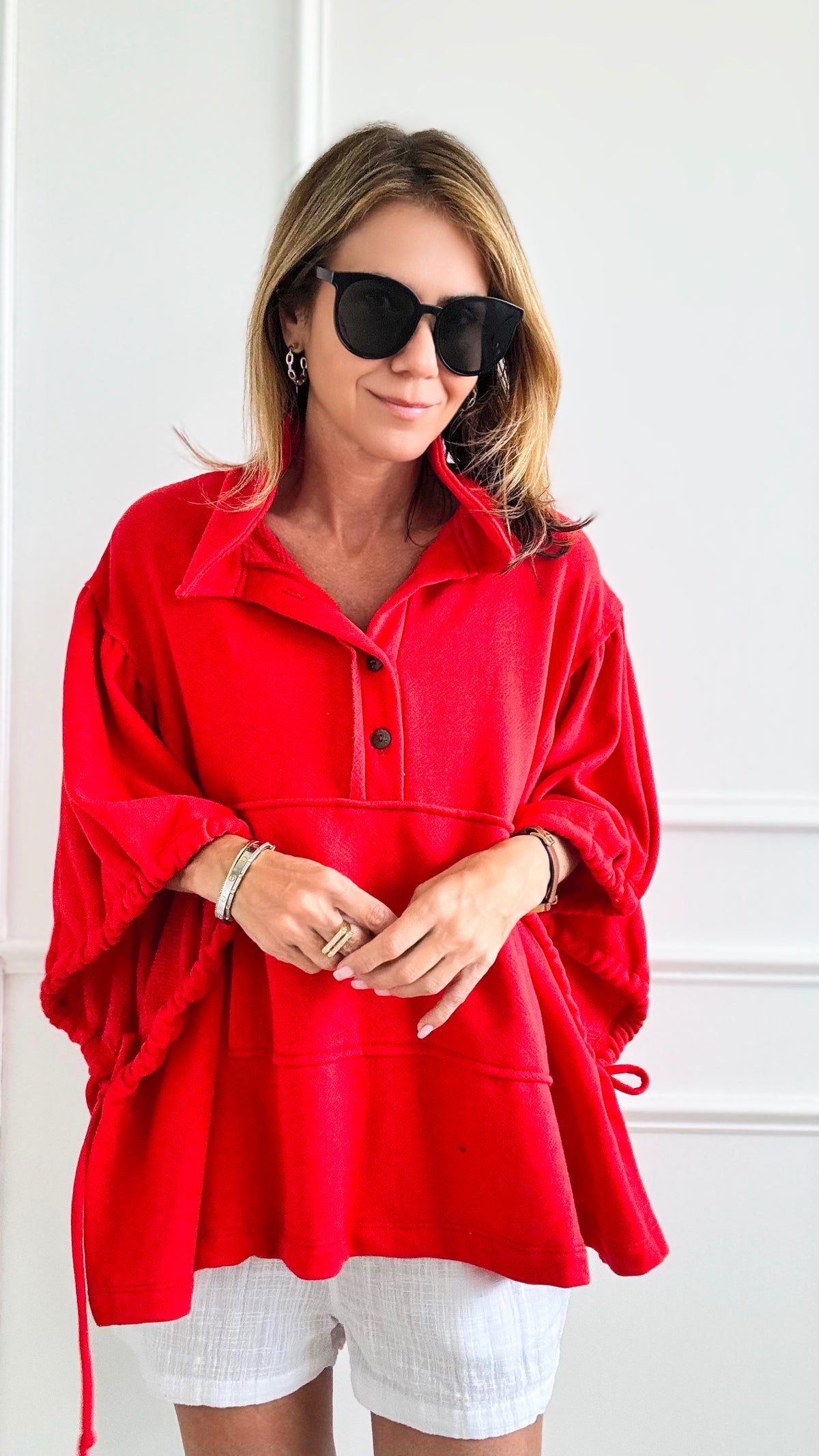 3/4 Drawstring Sleeves Oversized Top-130 Long Sleeve Tops-BucketList-Coastal Bloom Boutique, find the trendiest versions of the popular styles and looks Located in Indialantic, FL