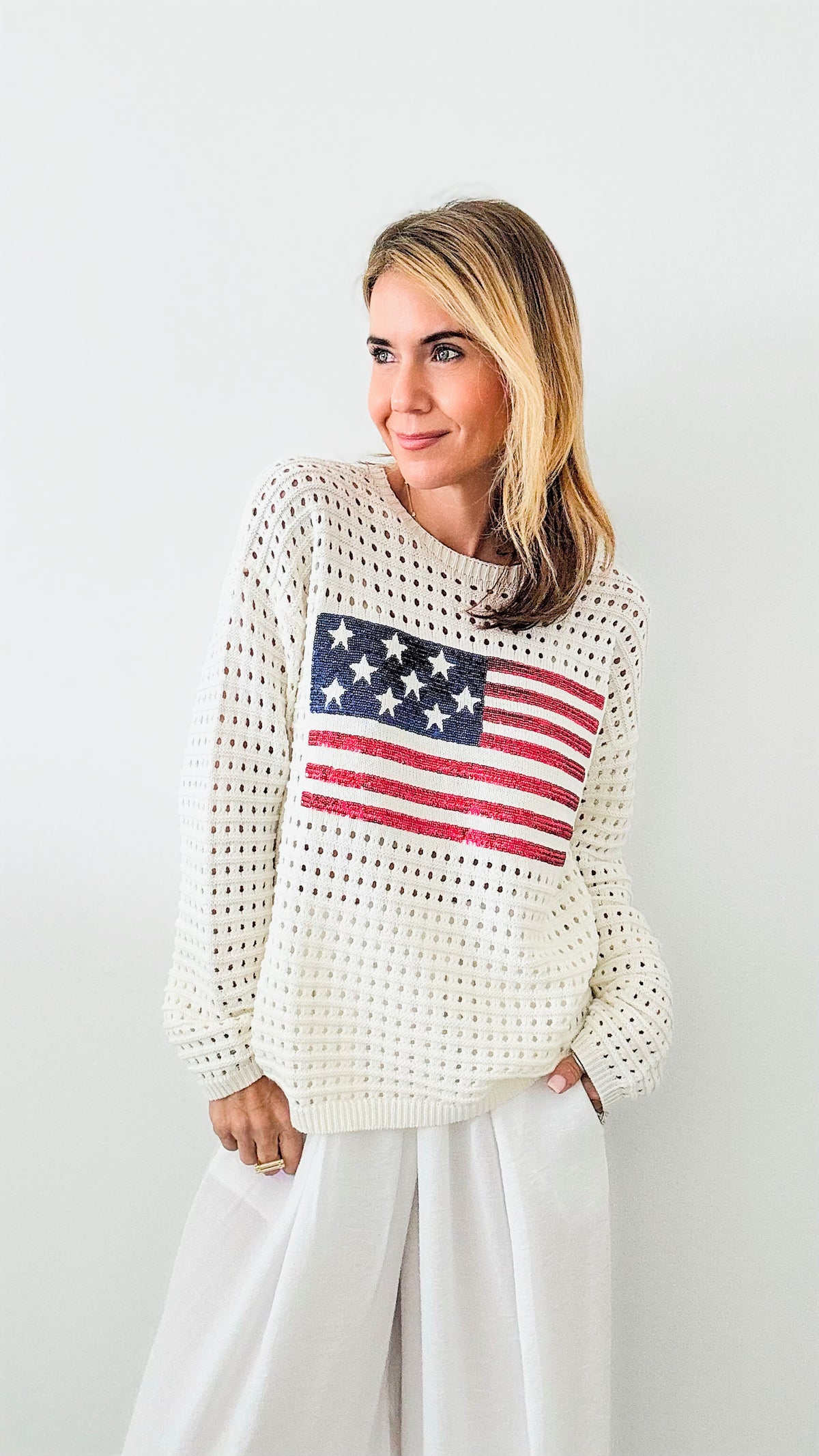 Flag Patch Open Stitch Sweater-140 Sweaters-Anniewear-Coastal Bloom Boutique, find the trendiest versions of the popular styles and looks Located in Indialantic, FL