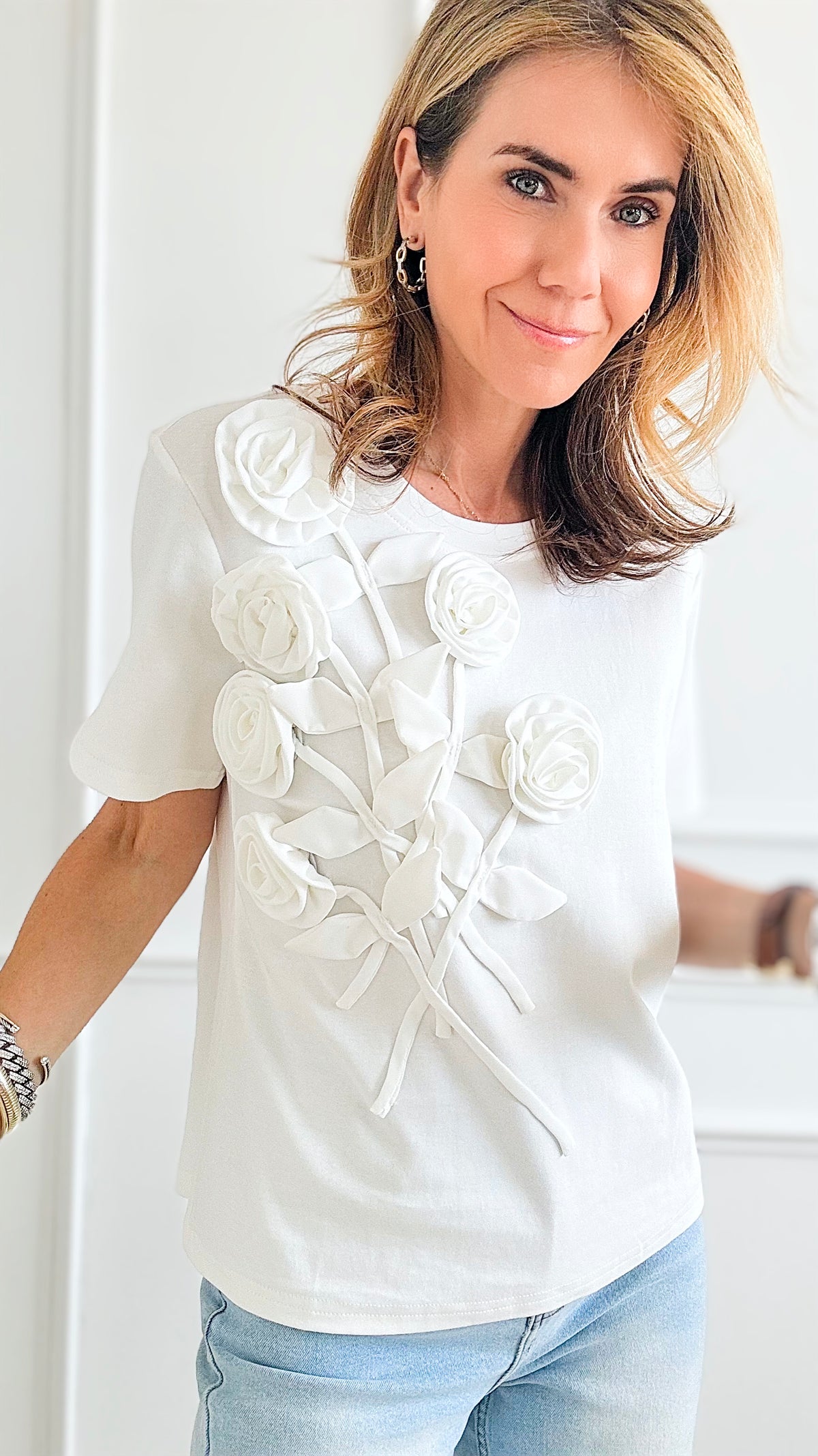 Flower Textured Detail T-Shirt-110 Short Sleeve Tops-LA ROS-Coastal Bloom Boutique, find the trendiest versions of the popular styles and looks Located in Indialantic, FL