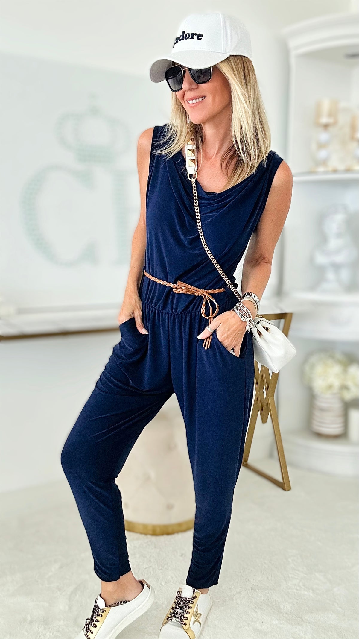 Cowl Neck Sleeveless Italian Jumpsuit - Navy-200 Dresses/Jumpsuits/Rompers-Germany-Coastal Bloom Boutique, find the trendiest versions of the popular styles and looks Located in Indialantic, FL