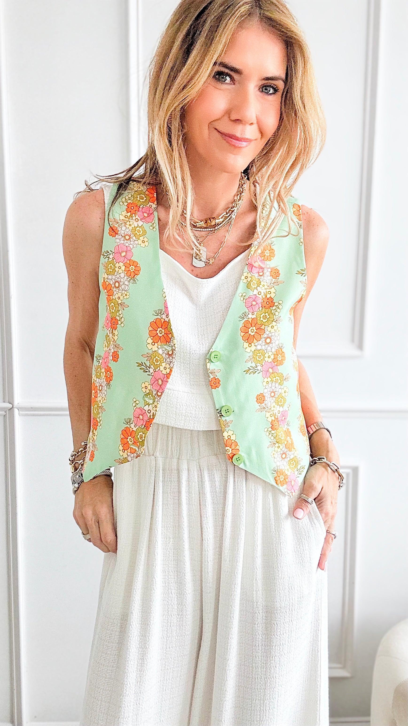 Flower Power Printed Vest- Sage-160 Jackets-Main Strip-Coastal Bloom Boutique, find the trendiest versions of the popular styles and looks Located in Indialantic, FL