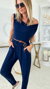 Cowl Neck Sleeveless Italian Jumpsuit - Navy-200 Dresses/Jumpsuits/Rompers-Italianissimo-Coastal Bloom Boutique, find the trendiest versions of the popular styles and looks Located in Indialantic, FL