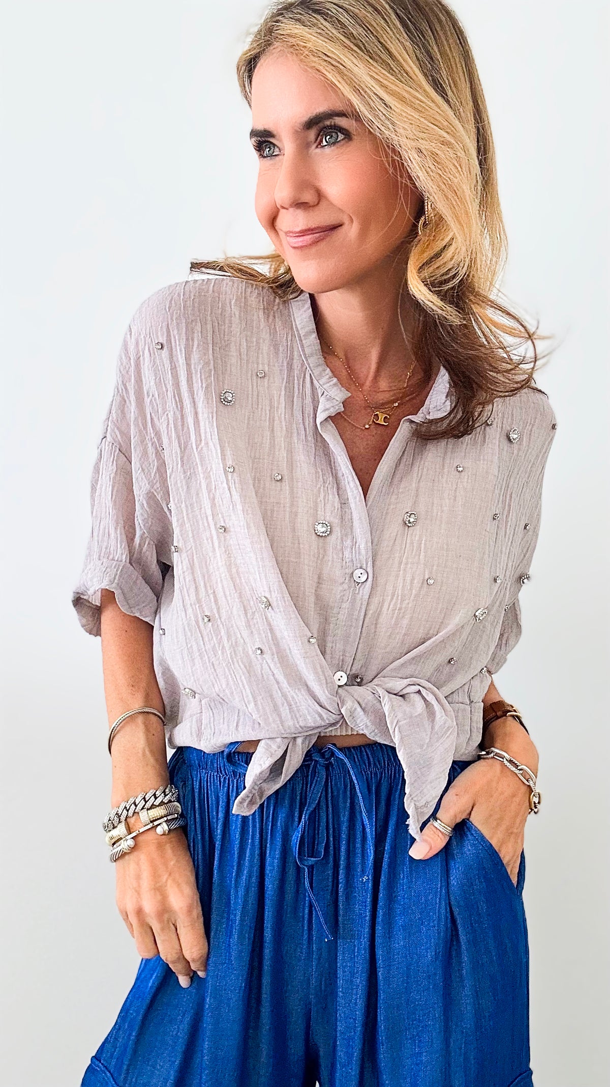 Jeweled Tie Front Italian Blouse - Oatmeal-170 Bottoms-Germany-Coastal Bloom Boutique, find the trendiest versions of the popular styles and looks Located in Indialantic, FL