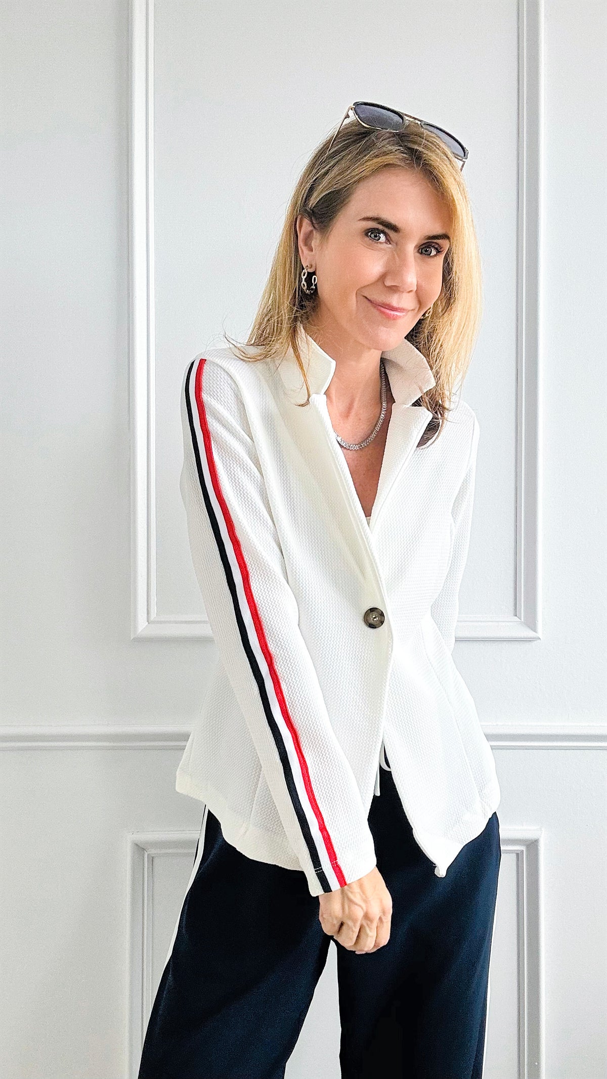 Bullet Button Stripe Blazer-160 Jackets-Miley + Molly-Coastal Bloom Boutique, find the trendiest versions of the popular styles and looks Located in Indialantic, FL