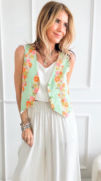 Flower Power Printed Vest- Sage-160 Jackets-Main Strip-Coastal Bloom Boutique, find the trendiest versions of the popular styles and looks Located in Indialantic, FL