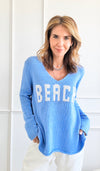 "Beach" Lightweight Knit V Neck - Blue Ivory-140 Sweaters-Miracle-Coastal Bloom Boutique, find the trendiest versions of the popular styles and looks Located in Indialantic, FL
