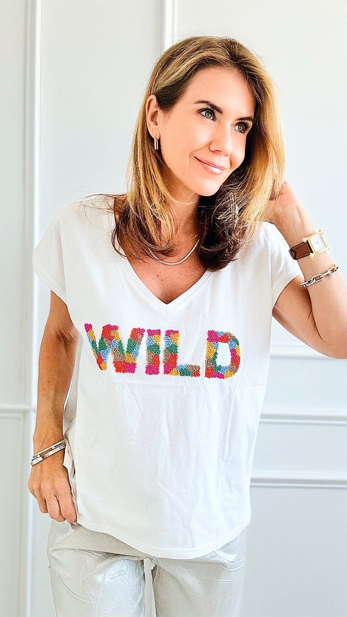 Wild Beaded Tee -White-110 Short Sleeve Tops-Gold & Silver Paris-Coastal Bloom Boutique, find the trendiest versions of the popular styles and looks Located in Indialantic, FL