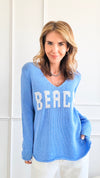 "Beach" Lightweight Knit V Neck - Blue Ivory-140 Sweaters-Miracle-Coastal Bloom Boutique, find the trendiest versions of the popular styles and looks Located in Indialantic, FL
