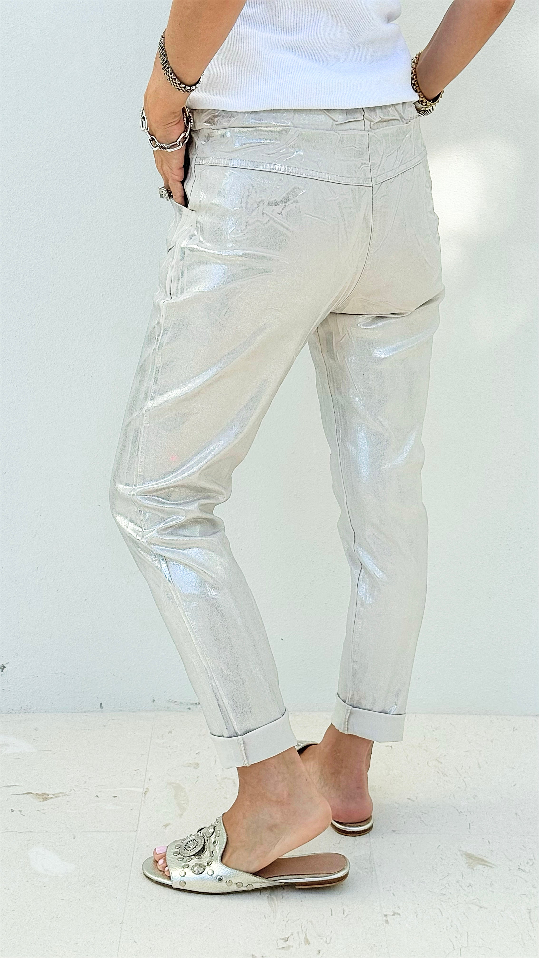 Shine-On Glistening Italian Joggers - Ecru/ Silver-180 Joggers-Italianissimo-Coastal Bloom Boutique, find the trendiest versions of the popular styles and looks Located in Indialantic, FL