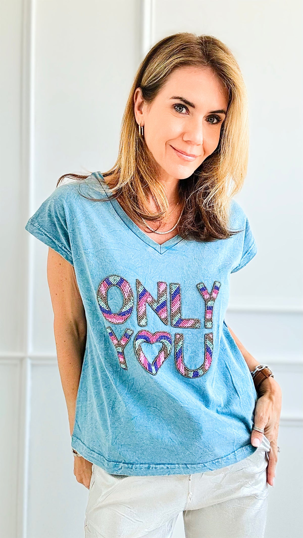 Only You Beaded Tee - Blue-110 Short Sleeve Tops-Gold & Silver Paris-Coastal Bloom Boutique, find the trendiest versions of the popular styles and looks Located in Indialantic, FL