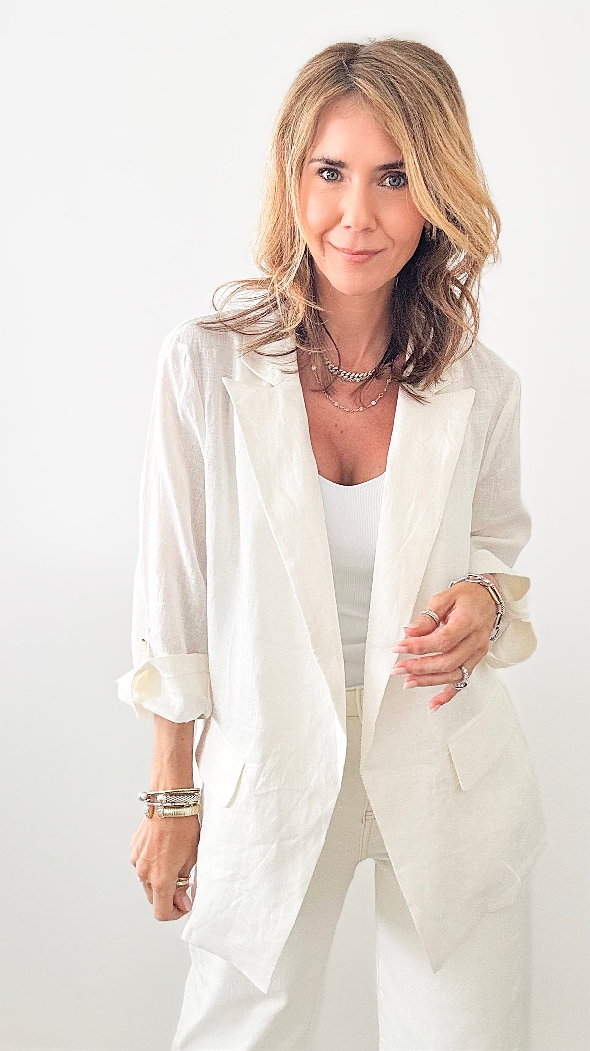 Linen Blazer - Off White-160 Jackets-EESOME-Coastal Bloom Boutique, find the trendiest versions of the popular styles and looks Located in Indialantic, FL