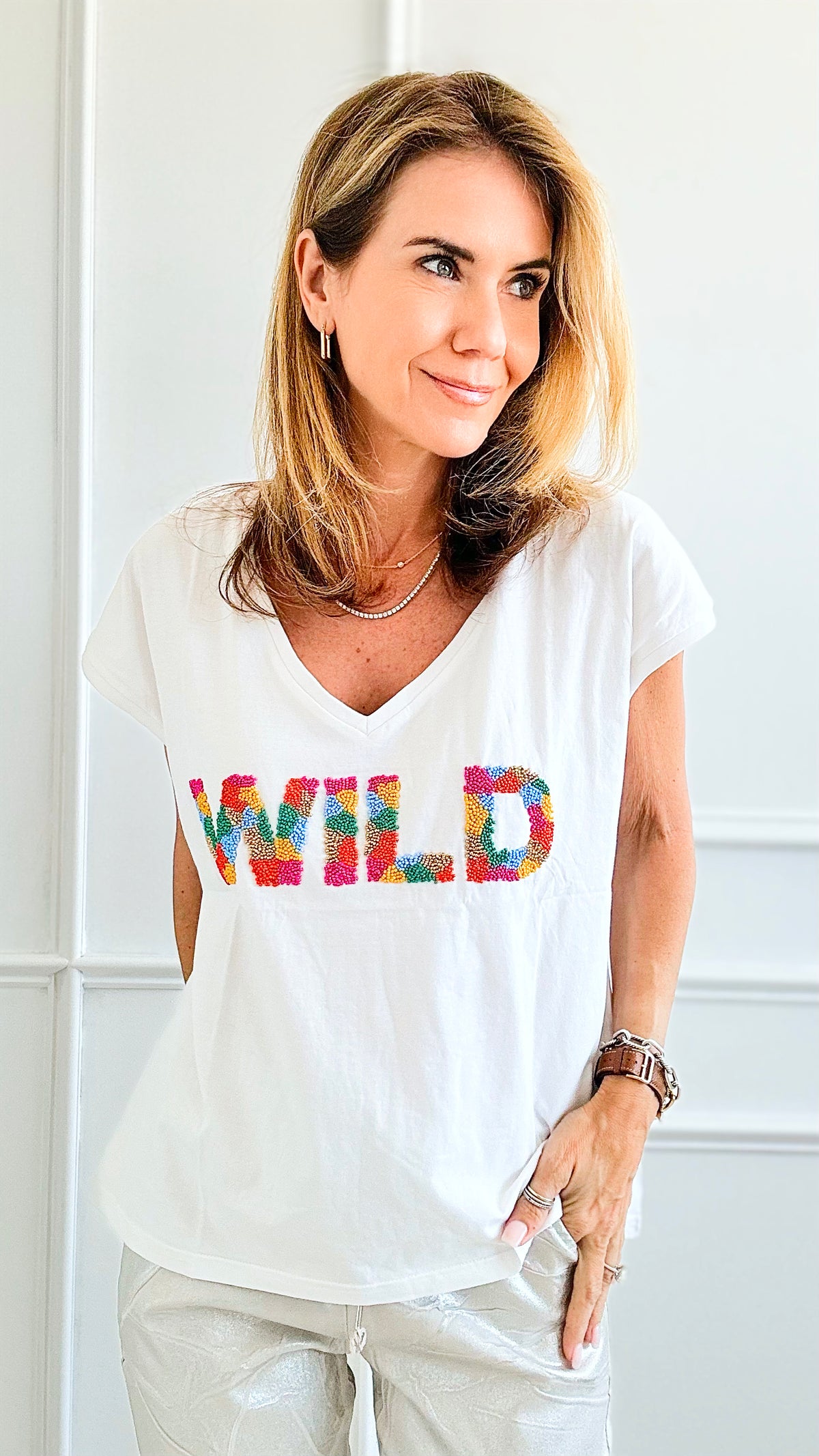 Wild Beaded Tee -White-110 Short Sleeve Tops-Gold & Silver Paris-Coastal Bloom Boutique, find the trendiest versions of the popular styles and looks Located in Indialantic, FL