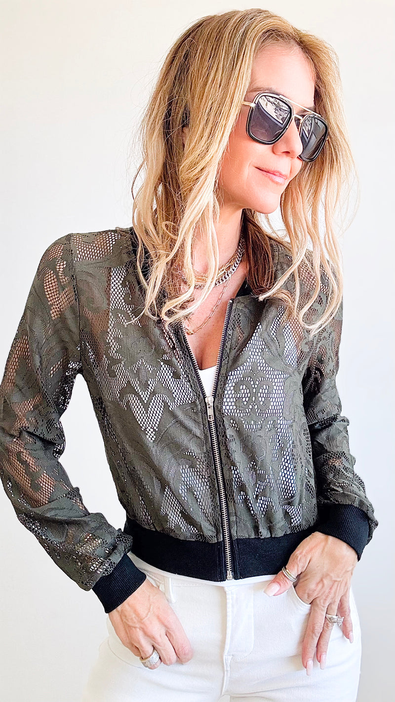Lace Bomber Jacket-Olive-160 Jackets-Michel-Coastal Bloom Boutique, find the trendiest versions of the popular styles and looks Located in Indialantic, FL