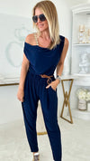 Cowl Neck Sleeveless Italian Jumpsuit - Navy-200 Dresses/Jumpsuits/Rompers-Italianissimo-Coastal Bloom Boutique, find the trendiest versions of the popular styles and looks Located in Indialantic, FL